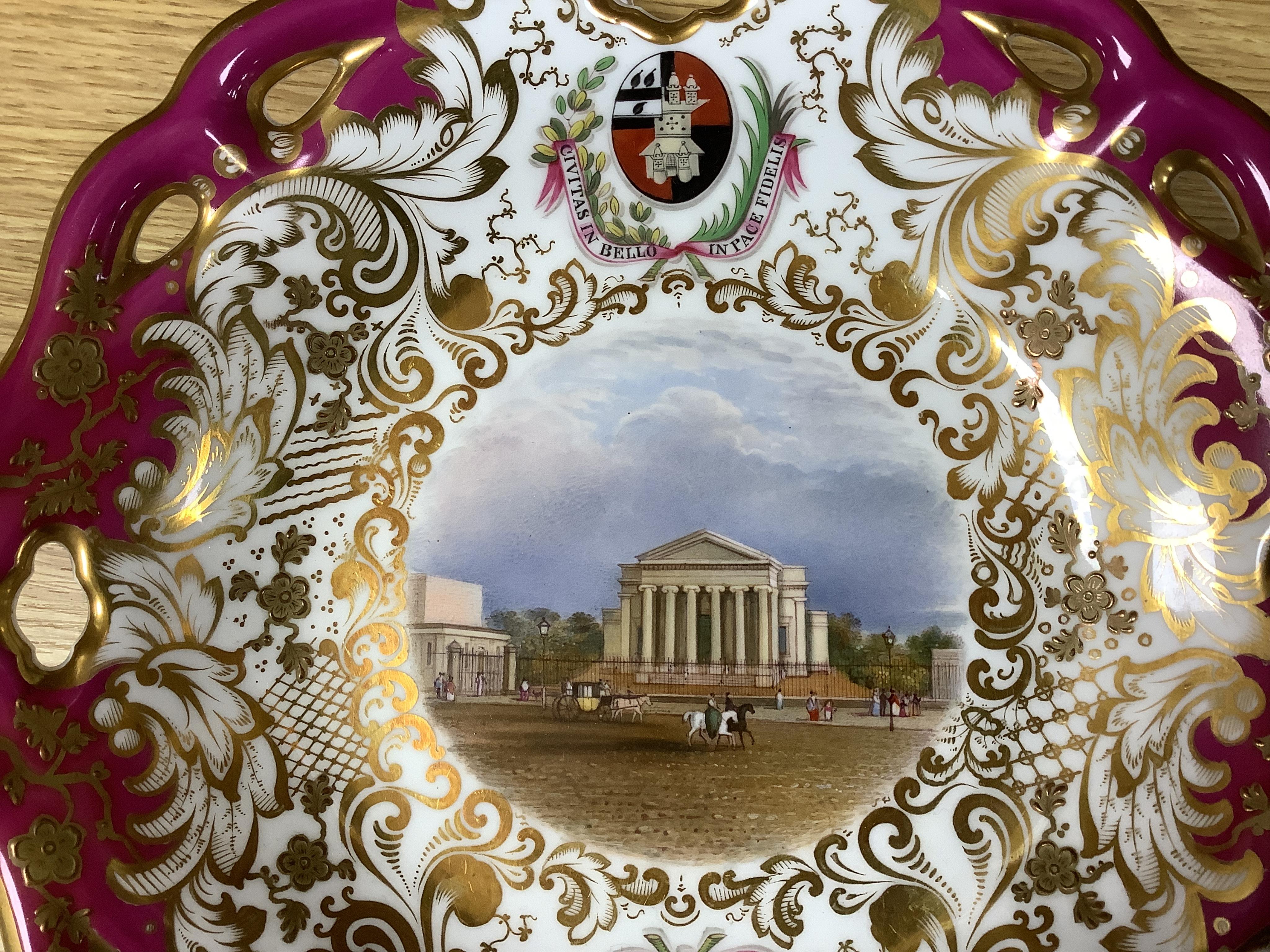 Four G Grainger, Worcester armorial porcelain comports, c.1845, hand painted with named views of Worcester, 24cm in diameter